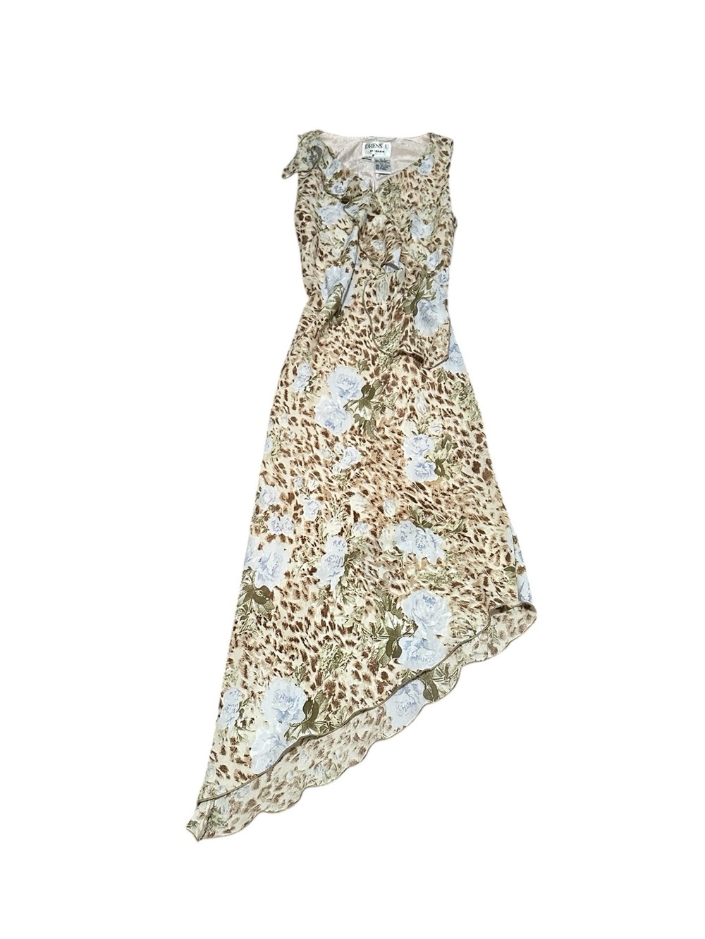 Vintage Floral Animal Print Asymetric Midi Dress RuffleY2K Fairy Feminine